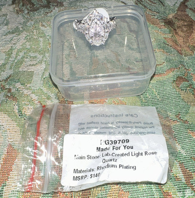 Bomb Party Size 6 Rhodium Plated Lab-Created Rose Quartz Halo Ring.  Made U 