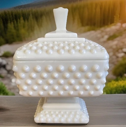 VINTAGE Milk Glass Fenton HOBNAIL FOOTED COVERED CANDY DISH W/LID *See Info*