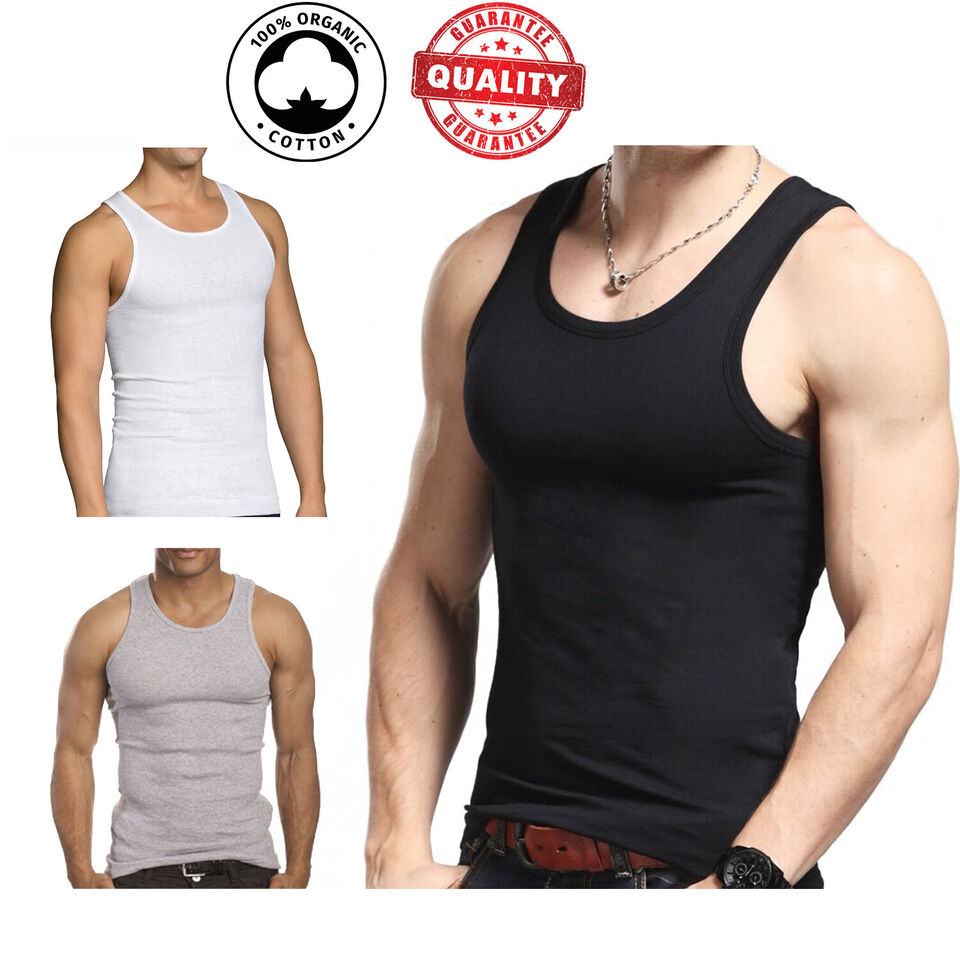 3 Pc Men 100% Cotton A-Shirt Tank Top Ribbed Undershirt Wife Beater Black Muscle