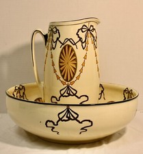 1902 Antique ROYAL DOULTON Matching Pitcher & Wash Bowl-Medallion + Ribbons-EXC