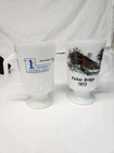 2 Vintage Milk Glass Mugs Anchor Hocking Fire King '72 Parker Bridge Advertising