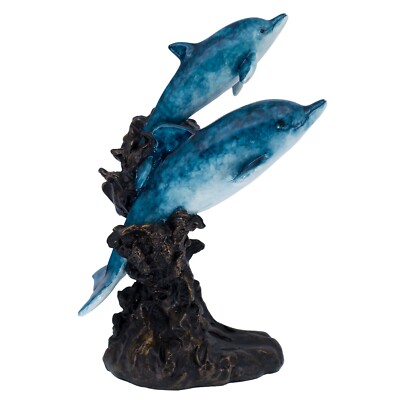Dolphins Swimming With Bronze Tone Stand Figurine 9.25'' High Resin Statue New!