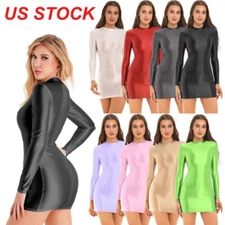 Womens Glossy Long Sleeve Bodycon Mini Dress Smooth Tight Pencil Dress Clubwear