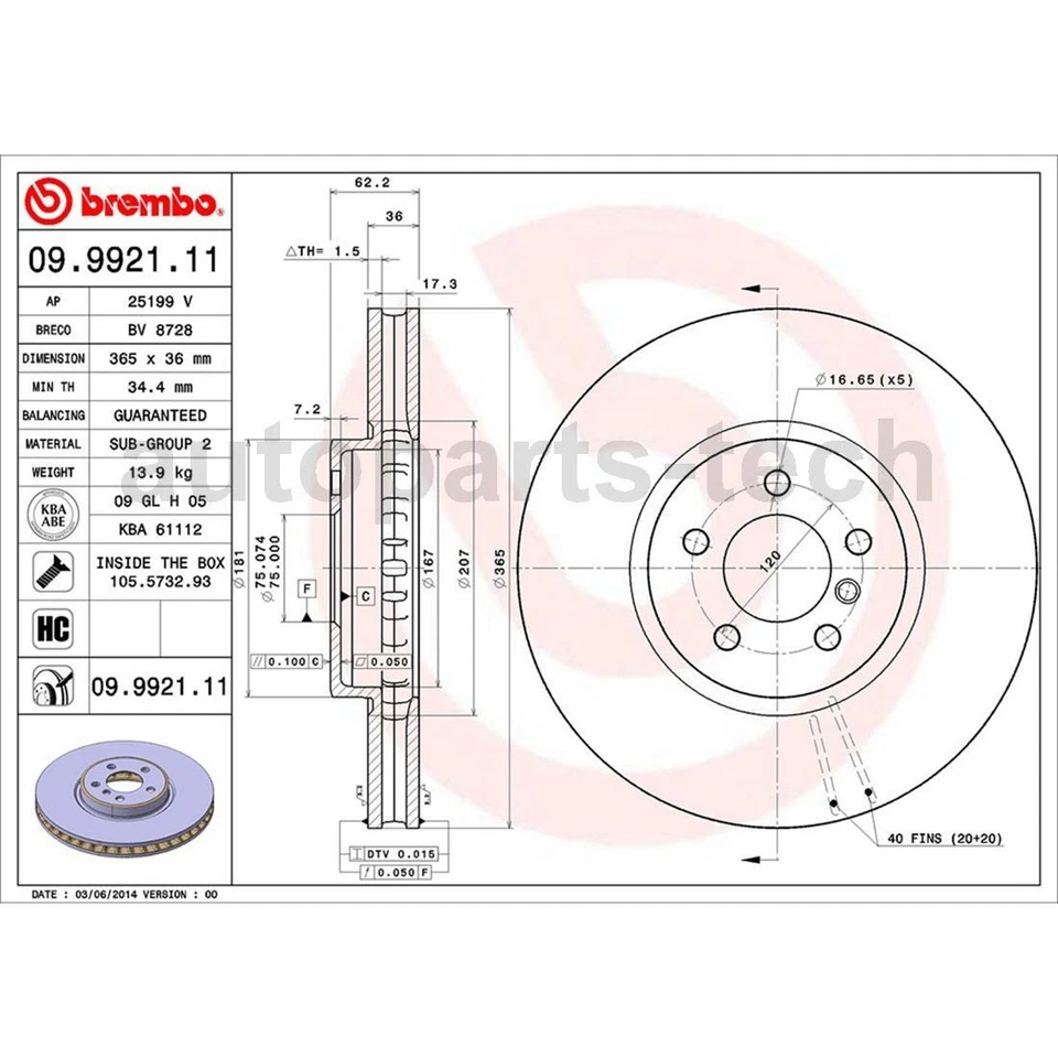 Rotor de freio dianteiro Brembo para BMW X6 2008 2009 2010 2011 2012 2013 2014 - Imagem 3 de 4
