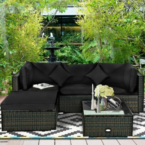 5-Piece Outdoor Patio Rattan Furniture Set Sectional Conversation Black Cushions - Picture 6 of 13