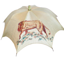 Child Doll Parasol Mint Green Taffeta Lion Exotic Flowers Wood Handle Vintage