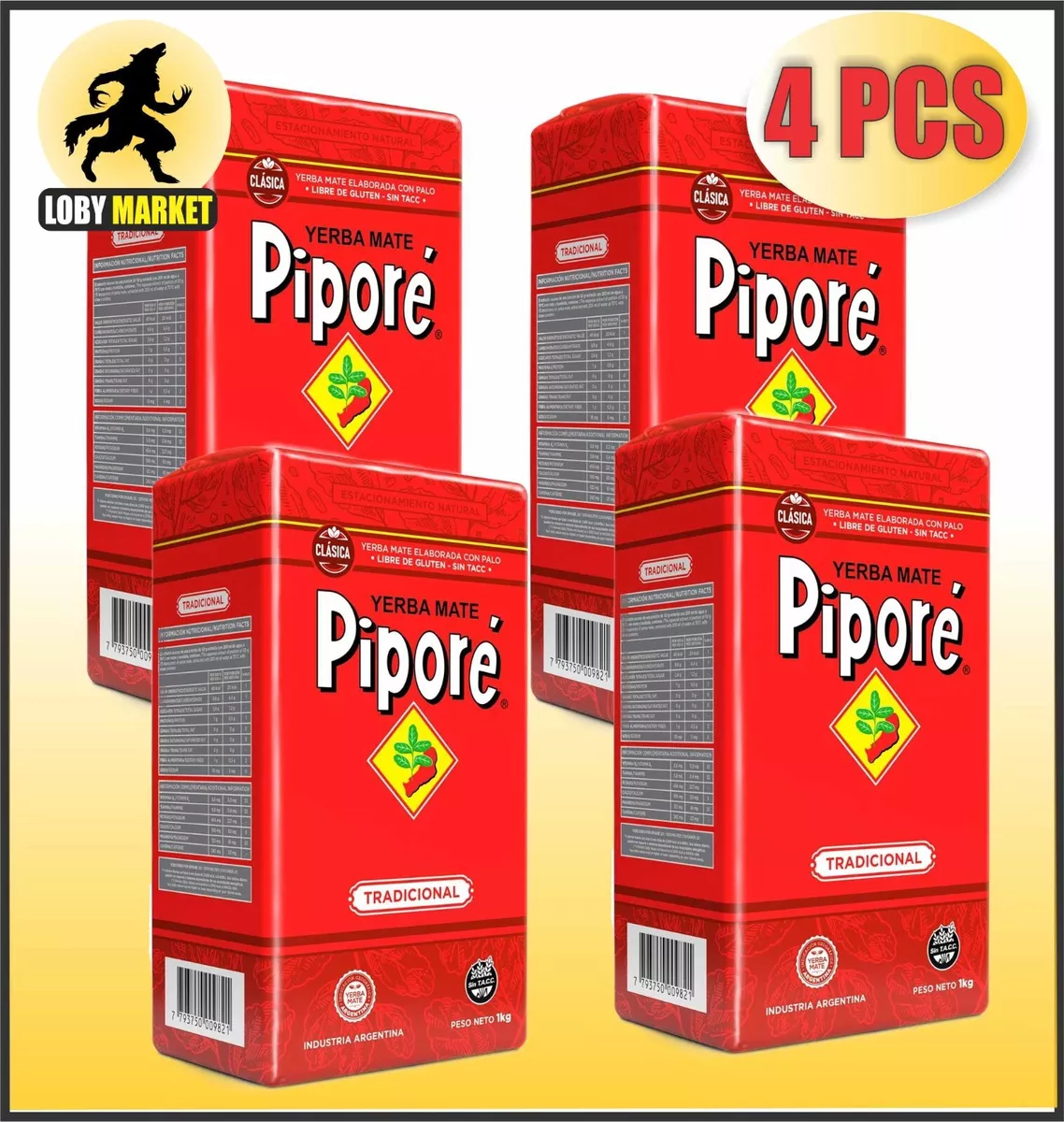 Yerba Mate Pipore Pack x 4 1kg 2.2lb 4 Kilos 8.8 Lbs