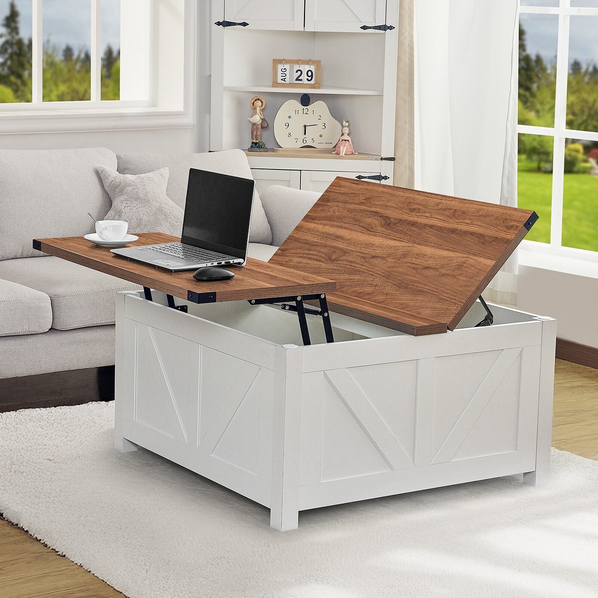 White Walnut Coffee Table 35.4 Inch Square Lift Top Coffee Table With ...