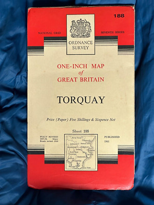 OS Ordnance Survey One Inch Paper Map, of Torquay, Sheet 188, 1961