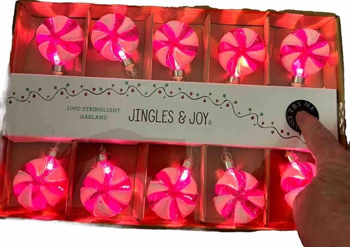NIB Jingles & Joy PINK Peppermint Candy LED String Lights Battery Gingerbread