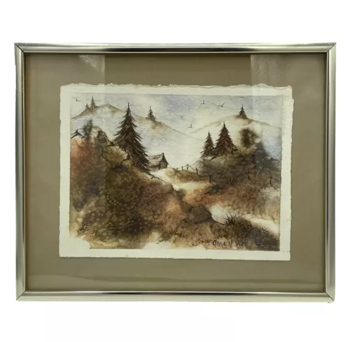 Original Landscape Watercolor Painting Signed Anne H. Viel OOAK Framed Farm