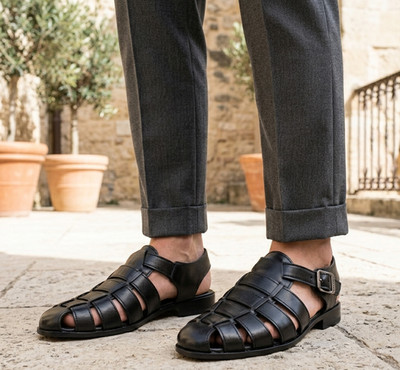 Men's Black Premium Genuine Cowhide Leather Sandals Hand Woven Buckle Shoes