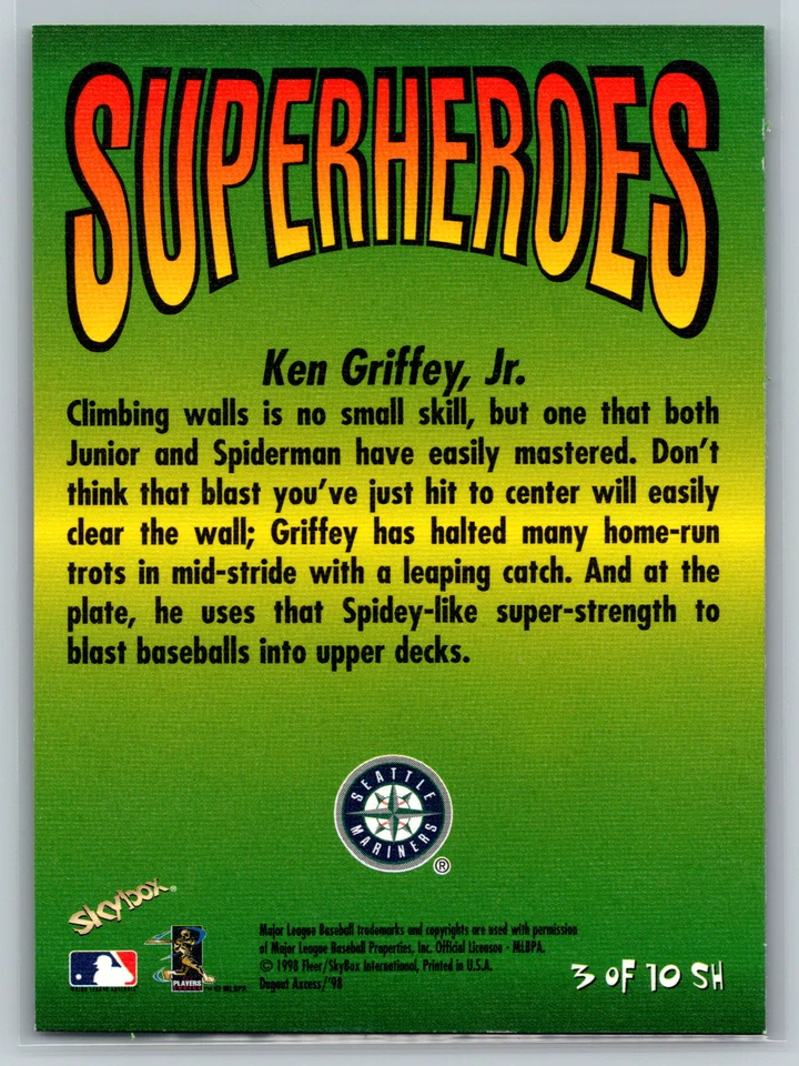 Ken Griffey Jr & Spiderman 1998 Skybox Dugout Axcess Superheroes #3 - Image 2 of 2