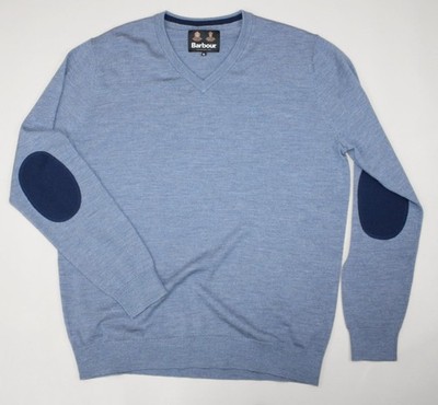 Barbour Herren Pullover XL 100% Wolle Blau V-Neck Sweater Ellenbogen Patches Classic Knit