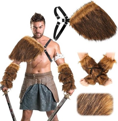 3 Pieces Halloween Mens Viking Costume Medieval Faux Fur Shoulder Armor Arm Cuff