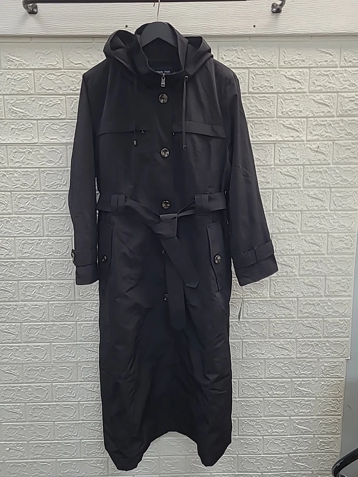 Nueva gabardina London Fog de un solo pecho con capucha negra con cinturón talla XLarge