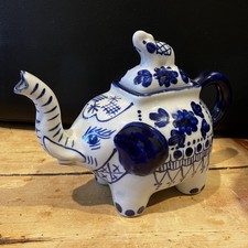 Vintage Blue White Elephant Teapot Ceramic Chinoiserie Floral Asian Decor
