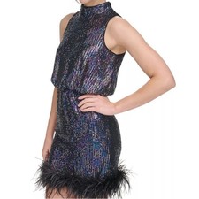 NWT Eliza J Sequin mini Dress with Feather Trim, 10