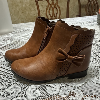 Little Girls Brown Faux Leather Ankle Booties Side Zip Bow Accent  US 11