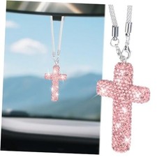 Cross for Car Mirror Hanging, Bling Cars Pendant Charm, Double-Sided Pink