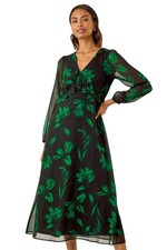 Roman Originals Floral Frill Chiffon Midi Dress Women UK - Ladies Autumn Winter