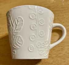 White Pottery Mug Cup Planter Botanical Leaves Vines Plants Handmade Large GUC