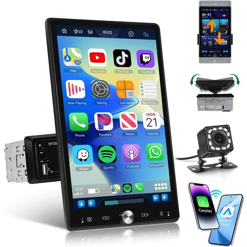 10.4" Single 1 DIN Wireless CarPlay Android Auto Universal Car Stereo Radio +Cam