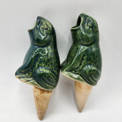 2 Vintage Pottery Green Frogs Frog Plant Waterers 