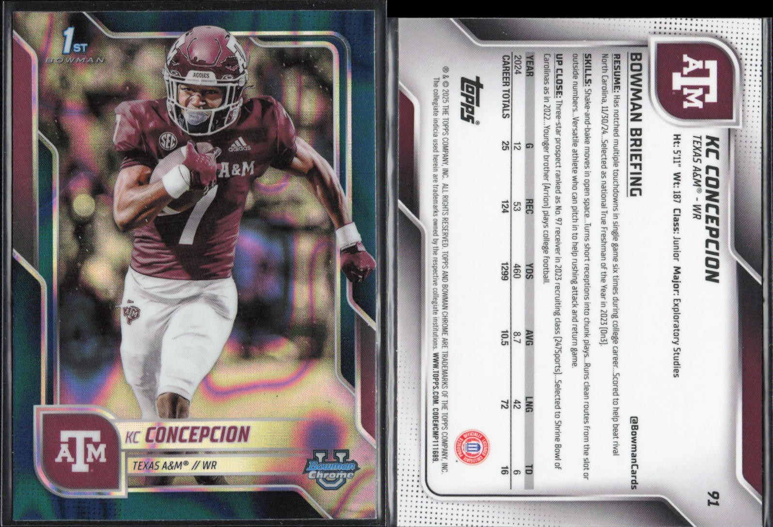 2025 Bowman Chrome University U Football Teal Lava #91 KC Concepcion Texas A&M