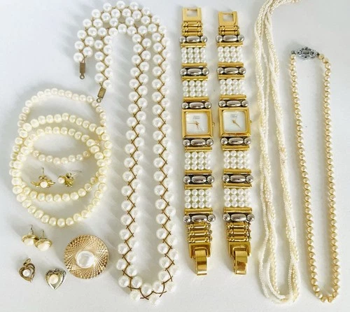 Vintage Bulk Mixed Simulated Pearl Costume Jewellery Lot Inc Watches Wear Repair
