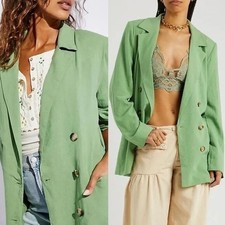 NWOT Free People Olivia Blazer Jacket Linen Double Breasted Green Sz Medium 168