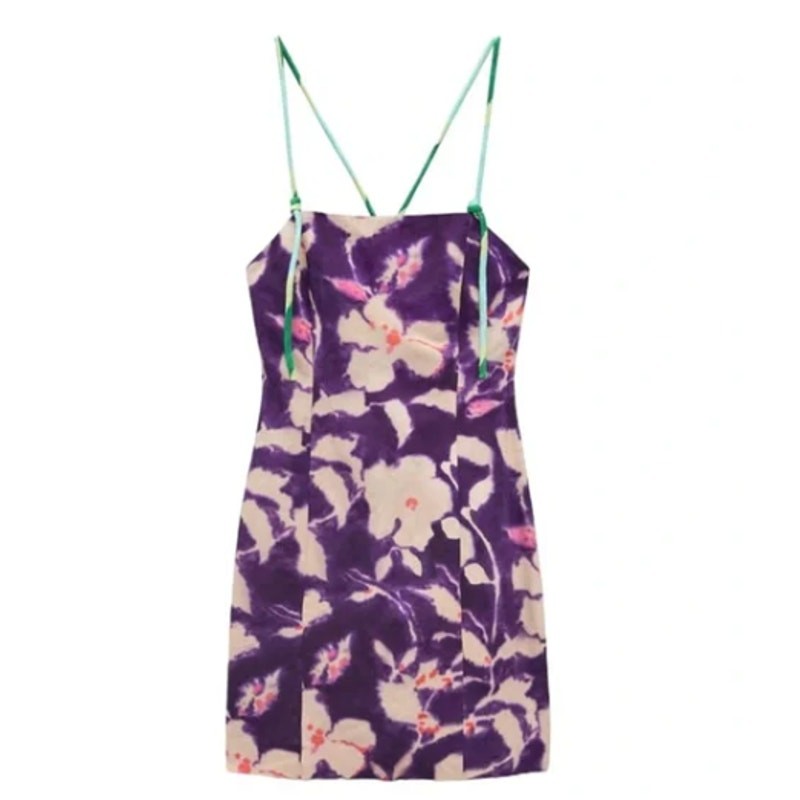 Zara Purple Floral Print Linen Spaghetti Strap Mini Dress Size Medium image 2