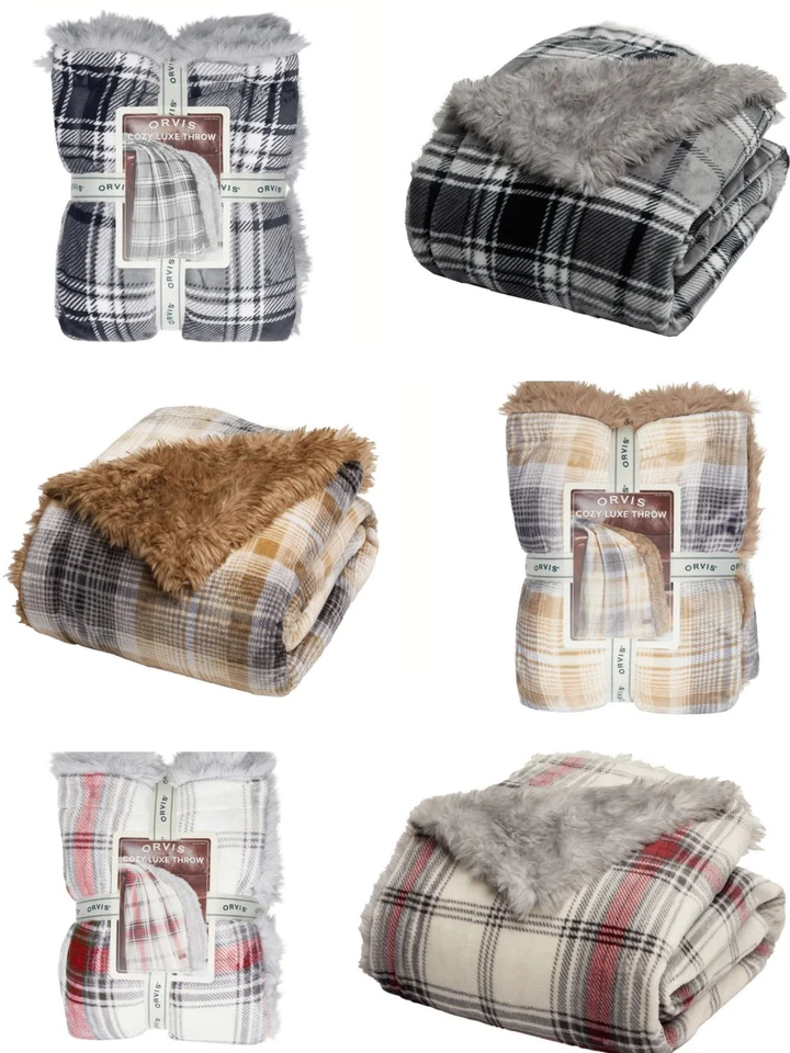 NEW Orvis Cozy Luxe Throw, Reversible Faux 60" X 70" Choice Brown, Gray, Ivory