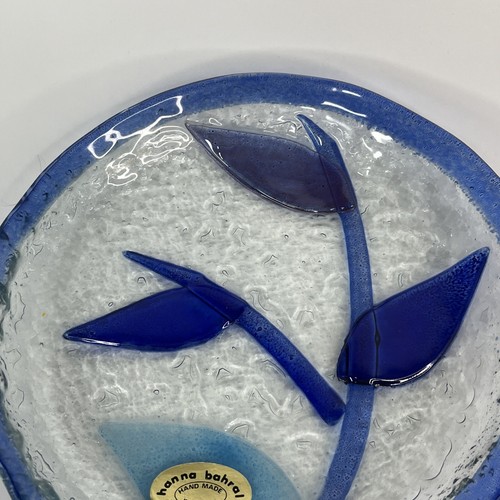 Judaic Israel Fused Art Glass 7" Plate / Bowl by Hannah Bahral- Blue Flower Art - Picture 3 of 5