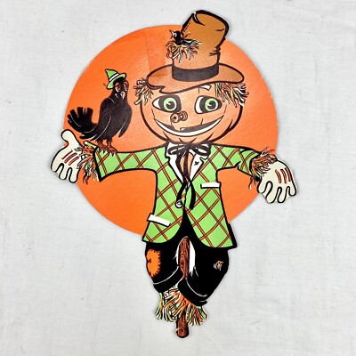 VTG Halloween Scarecrow Crow Die Cut Beistle Pumpkin Jack O Lantern Moon Wall