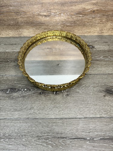 MCM Gold Gilt Brass Filigree Vanity Tray Oval Mirror Hollywood Regency 17x13” - Picture 4 of 10