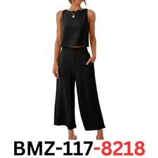 ANRABESS Women Summer 2 Piece Outfits Sleeveless Crop Top Capri Wide Leg Pants M