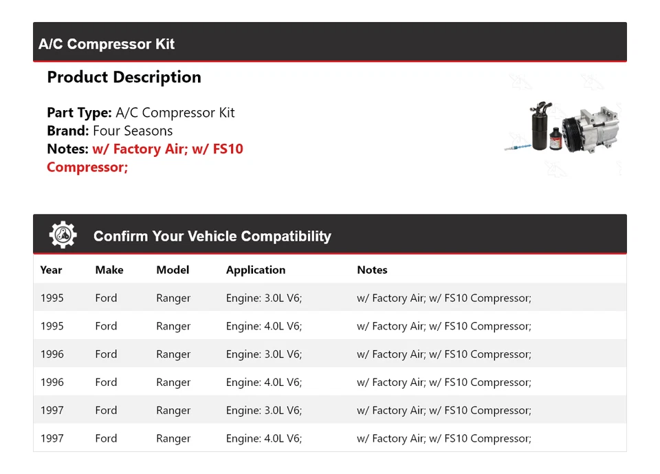 Kit de compresor de aire acondicionado para Ford Ranger 1995-1997 4 estaciones 1996 Foto 2 de 4