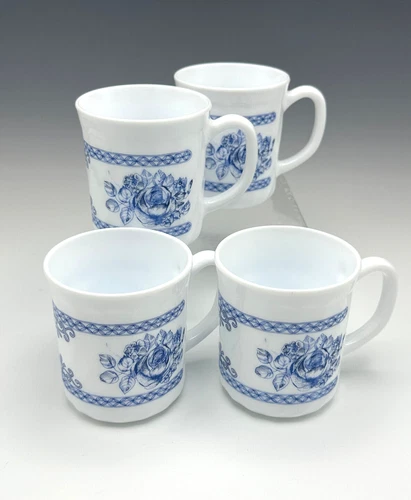 4 Arcopal Honorine Coffee Mugs Cups Blue & White Milk Glass France