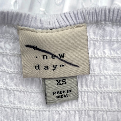 Neu ohne Etikett A New Day Midi-Sonnenkleid mit Ösen Baumwolle XS weiß gesmokt hinten gefüttert Taschen - Bild 7 von 8