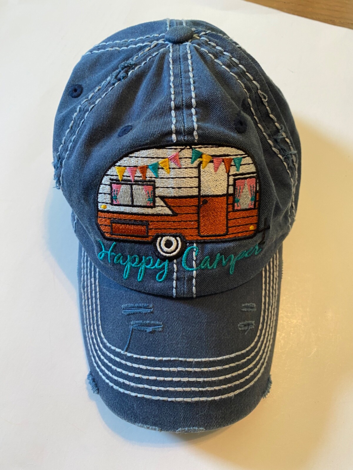 KBethos Vintage Happy Camper Baseball Cap Hat Blue Distresse
