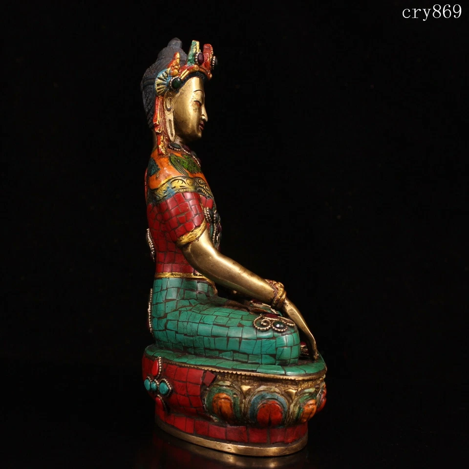 coleção Templo Tibete Jokhang antigo incrustado com pedras preciosas estátua Sakyamuni - Imagem 4 de 4