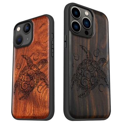 Coque En Bois Magnétique Pour IPhone 12 à 15 Pro Max - Motif Tortue, Compatible MagSafe