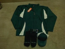 MEN SOFTBALL PLAYER JACKET GREEN XL W/ BELT, SOCKS, HAT ( new some without tags)