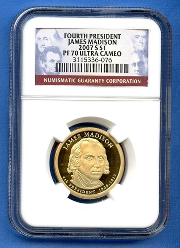 2007 S NGC PF70 UC James Madison $1 US Mint Coin 2007-S PF-70 Ultra Cameo