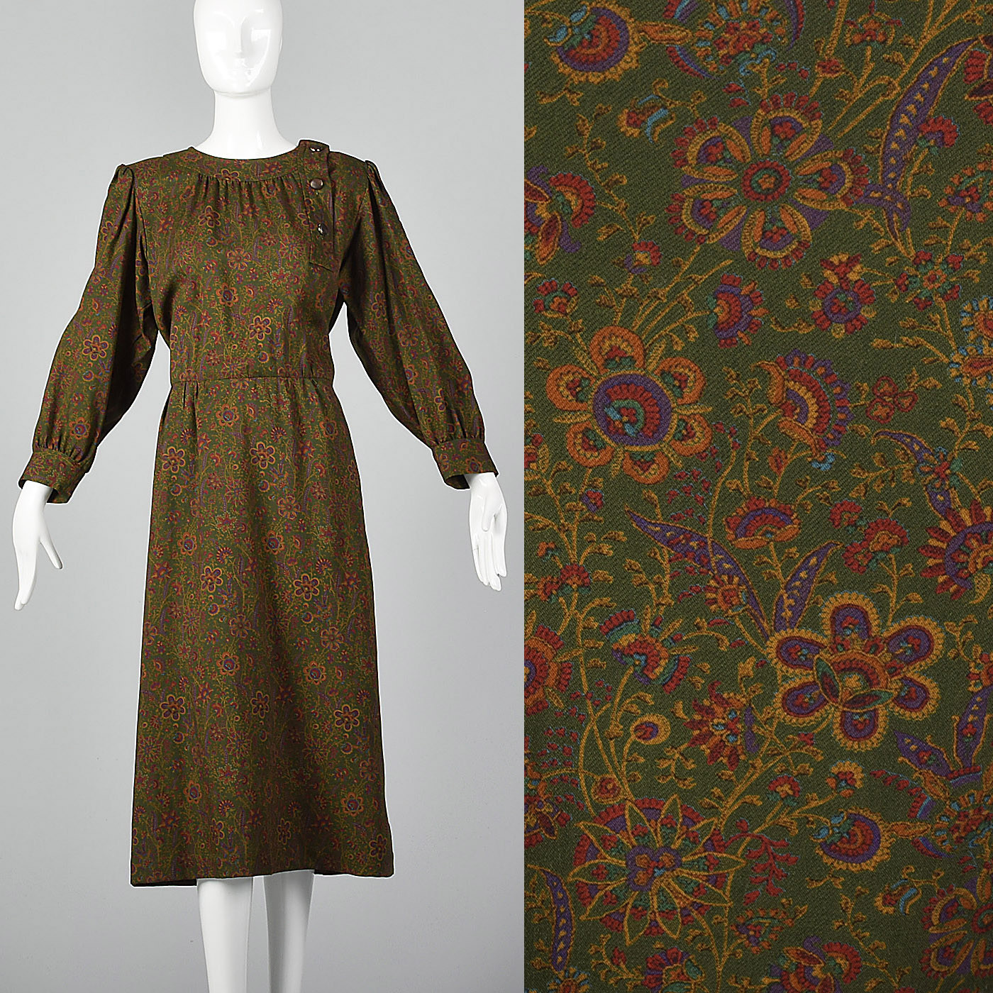 XL 1970s Yves Saint Laurent Green Wool Day Dress VTG Purple Rosa Bottoni Floreali