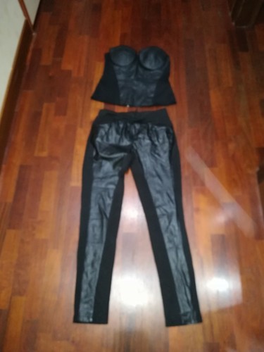 Completo sexy donna pantalone e bustino tg.L nero tessuto ed eco pelle |  eBay