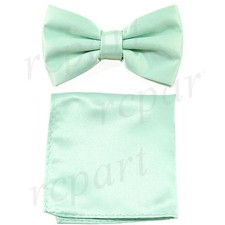 New formal men's pre tied Bow tie  Pocket Square Hankie solid laurel green