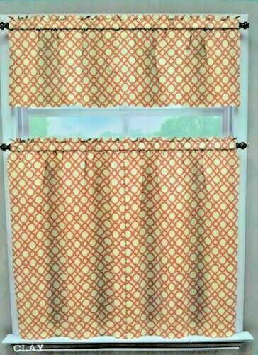 Waverly Tier and Valance Curtain Set 36" Kent Crossing Ogee Pattern Beige Coral - Imagen 11 de 12
