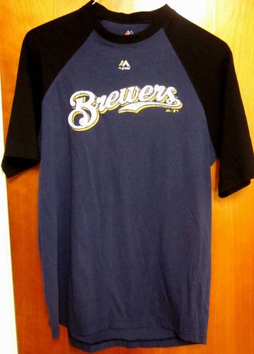 MILWAUKEE BREWERS distressed logo lrg T shirt Majestic baseball raglan tee - Picture 2 of 2